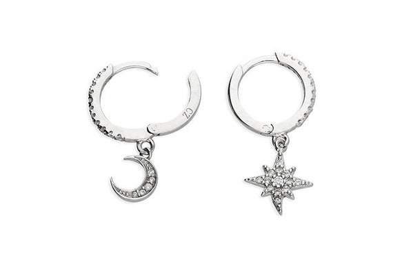 Moon Star Huggie Earrings Moon and Star Earrings Mini Hoop Earrings Sterling Silver Earrings Mismatched Earrings Curated Ear