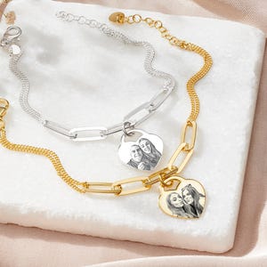 Gold Link Photo Bracelet - Christmas & Anniversary Gift - Custom Heart Charm Bracelet - Photo Jewelry - Special Keepsake - Thoughtful Gift