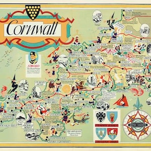 Affiche vintage A3/A4 de la carte ferroviaire britannique des Cornouailles