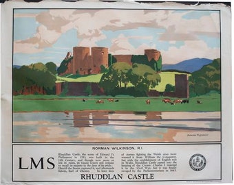 Vintage LMS Rhuddlan Castle Railway Poster A3/A4