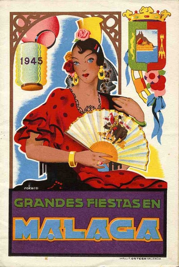 Vintage 1945 Malaga Espagne Feria Fiesta tourisme affiche