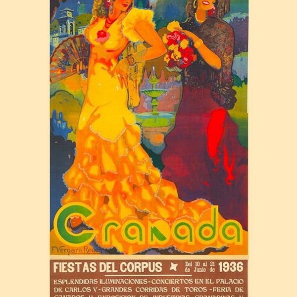 millésime 1936 Grenade Espagne Feria Fiesta Tourisme Affiche Imprimer A3/A4