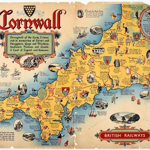 Vintage carte des chemins de fer britanniques des Cornouailles, impression affiche A3/A4