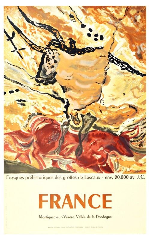 Vintage Lascaux pinturas rupestres prehistóricas cartel de turismo francés impresión A3/A4