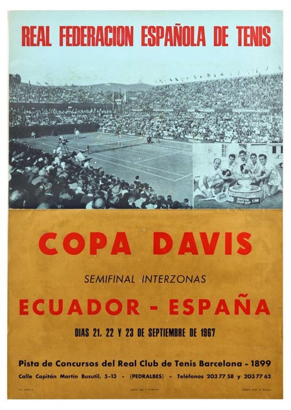 Vintage 1967 Copa Davis Tenis Ecuador España Cartel Impresión A3/A4