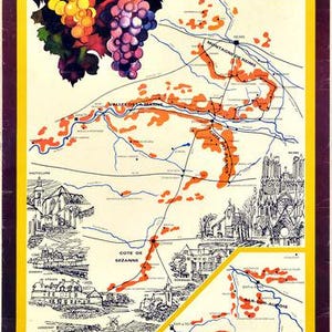 Vintage Französische Weine Champagne Region Karte Tourismus Poster A3 / A4