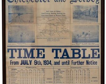 Vintage 1934 West Sussex Railway Chichester to Selsey Railway Timetable Poster A3/A4