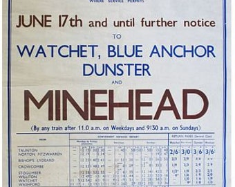 Vintage 1957 British Rail Taunton to Minehead Railway Timetable Poster A3/A4