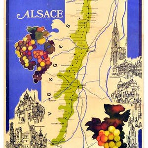 Vintage französische Elsass Wein Karte Tourismus Poster Druck A3 / A4