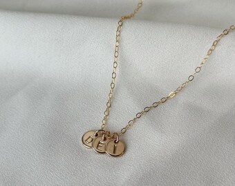 Hand Stamped Gold Filled Initial Necklace • Circle Disc Necklace • Dainty Chain • Tiny Charm • Personalized Gifts