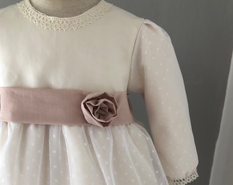 baptism dress winter ceremony dress girl lace silk linen with short puffed sleeves christening CHARLOTTE