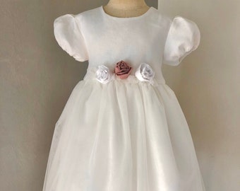 Christening gown baptism girl spring summer white linen tulle longsleeves party dress AMELIE