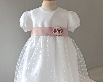 baptism dress girl white linen lace tulle spring summer christening CHARLOTTE