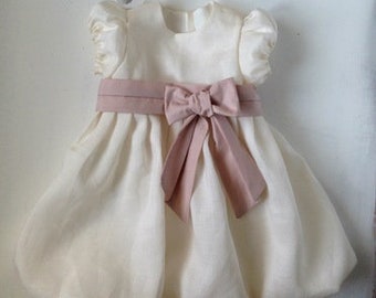 christening baptism flower girl dress white linen girl handmade in Italy spring summer ELISA