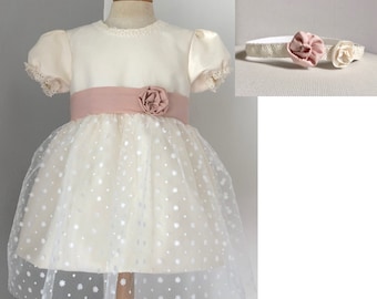 baptism dress spring summer ceremony dress girl lace silk linen with short puffed sleeves christening CHARLOTTE