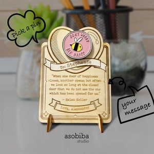 Cute meaningful enamel pin customized wood message board desktop stand | Gift for her/him | Thoughtful Valentine's gift