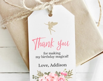 Etiquetas de agradecimento para jardim de fadas imprimíveis - Modelo de etiqueta de fada personalizada para meninas para festa de aniversário - Modelo de etiqueta de fada floral rosa