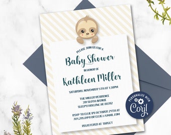 Editable Sloth Baby Shower Invitation Template ~ Beige Baby Shower Invite ~Animal Baby Shower ~ Printable Sloth Baby Shower ~ Gender Neutral