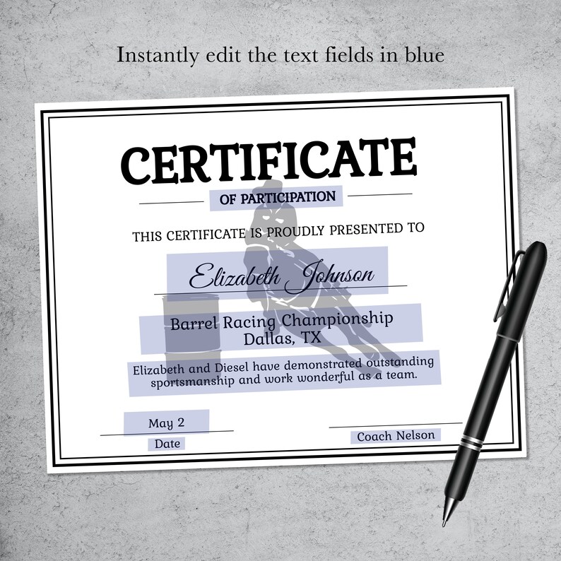 Editable Barrel Racing Horse Certificate Template - Printable ...
