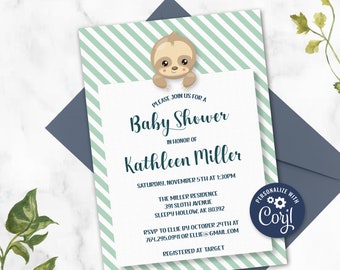 Digital Sloth Baby Shower Invitation, Editable Baby Sloth Invite for Family, Printable Gender Neutral Baby Shower Invite for Virtual Party