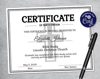 Plantilla de certificado de estudio bíblico editable - Plantilla de certificado imprimible - Plantilla de certificado de la iglesia Certificado de diploma personalizado