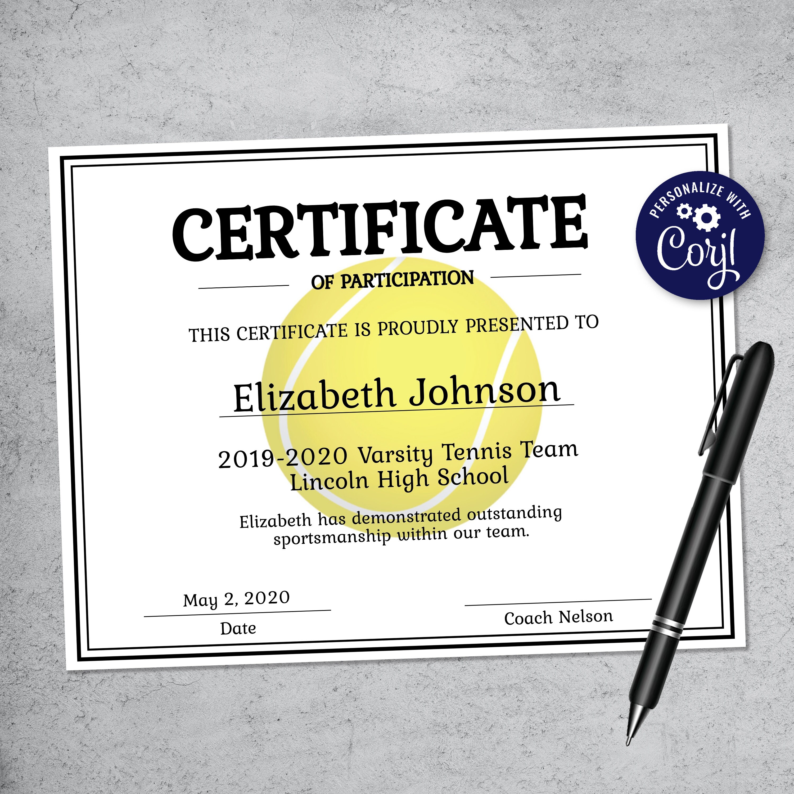 Editable Tennis Certificate Template - Printable Certificate Template -  Tennis Certificate Template Personalized Diploma Certificate Throughout Tennis Gift Certificate Template