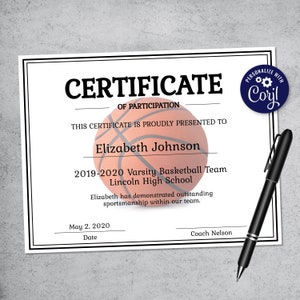 Bearbeitbare Basketball Zertifikatsvorlage - Druckbare Zertifikatsvorlage - Basketball Zertifikatsvorlage Personalisiertes Diplom Zertifikat