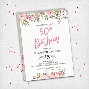 Invitations florales 50e 80e anniversaire - Invitation à la célébration d’anniversaire du jardin floral - Invitations imprimables Anniversaire adulte - Invitations femmes