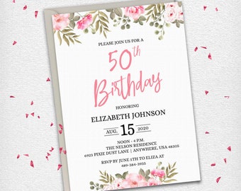 May include: A white invitation with pink floral border. The text reads "Please join us for a 50th Birthday honoring Elizabeth Johnson, Aug. 15, 2020, Noon - 4 p.m., The Nelson Residence, 6923 Pixie Dust Lane | Anywhere, USA 48305, RSVP by June 5th to Eliza at 489-384-3935."