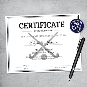Bewerkbare hockeycertificaatsjabloon - afdrukbaar hockeyprijscertificaat - cadeau-ideeën digitaal hockeyteam