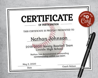 Editable Baseball Certificate Template - Printable Certificate Template - Baseball Certificate Template Personalized Diploma Certificate