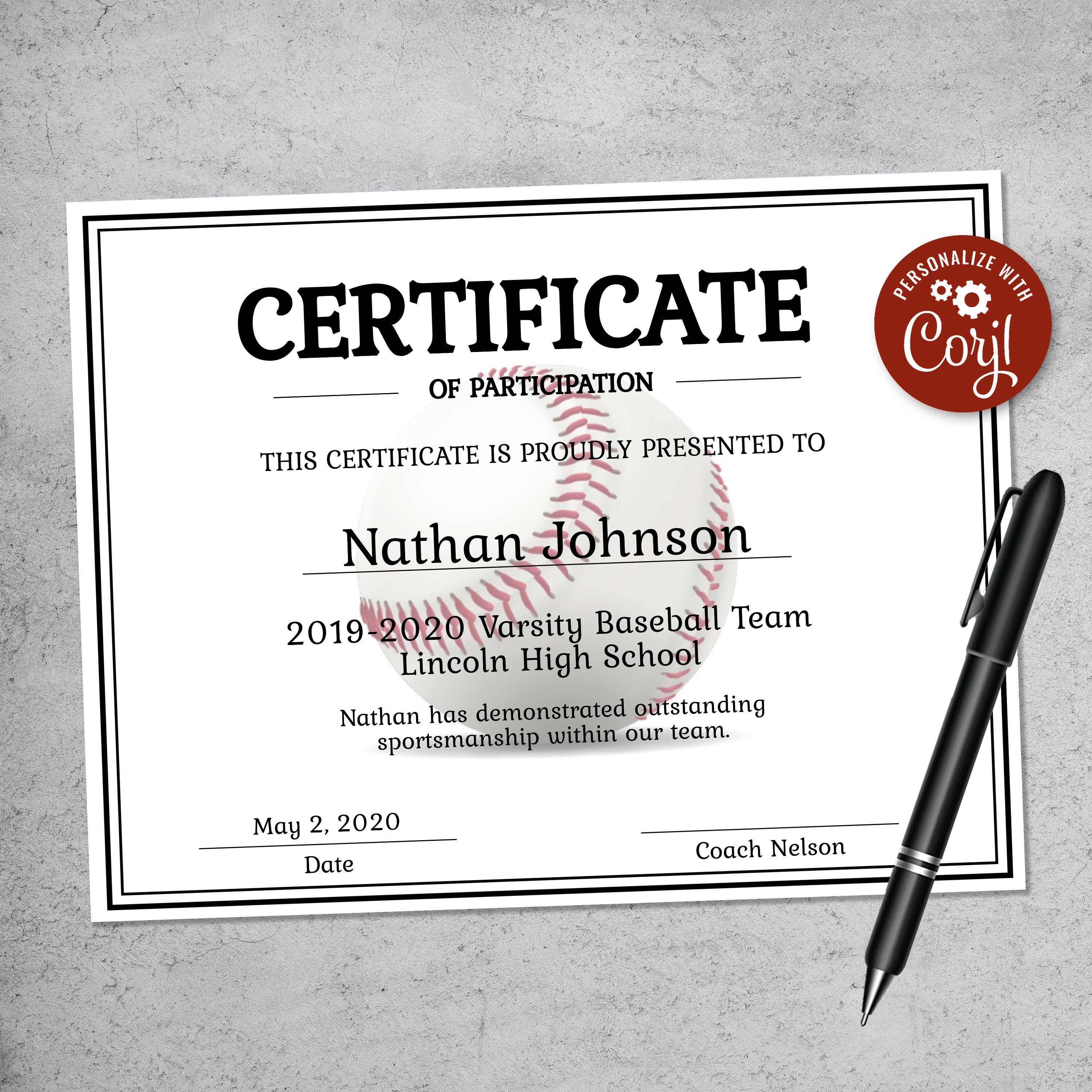 Paper party supplies editable baseball certificate template jet 