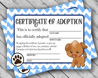 Printable Puppy Adoption Certificate - Certificate of Adoption Printout - Pet Adoption Certificate - Boys Puppy Birthday Party Favor Tags