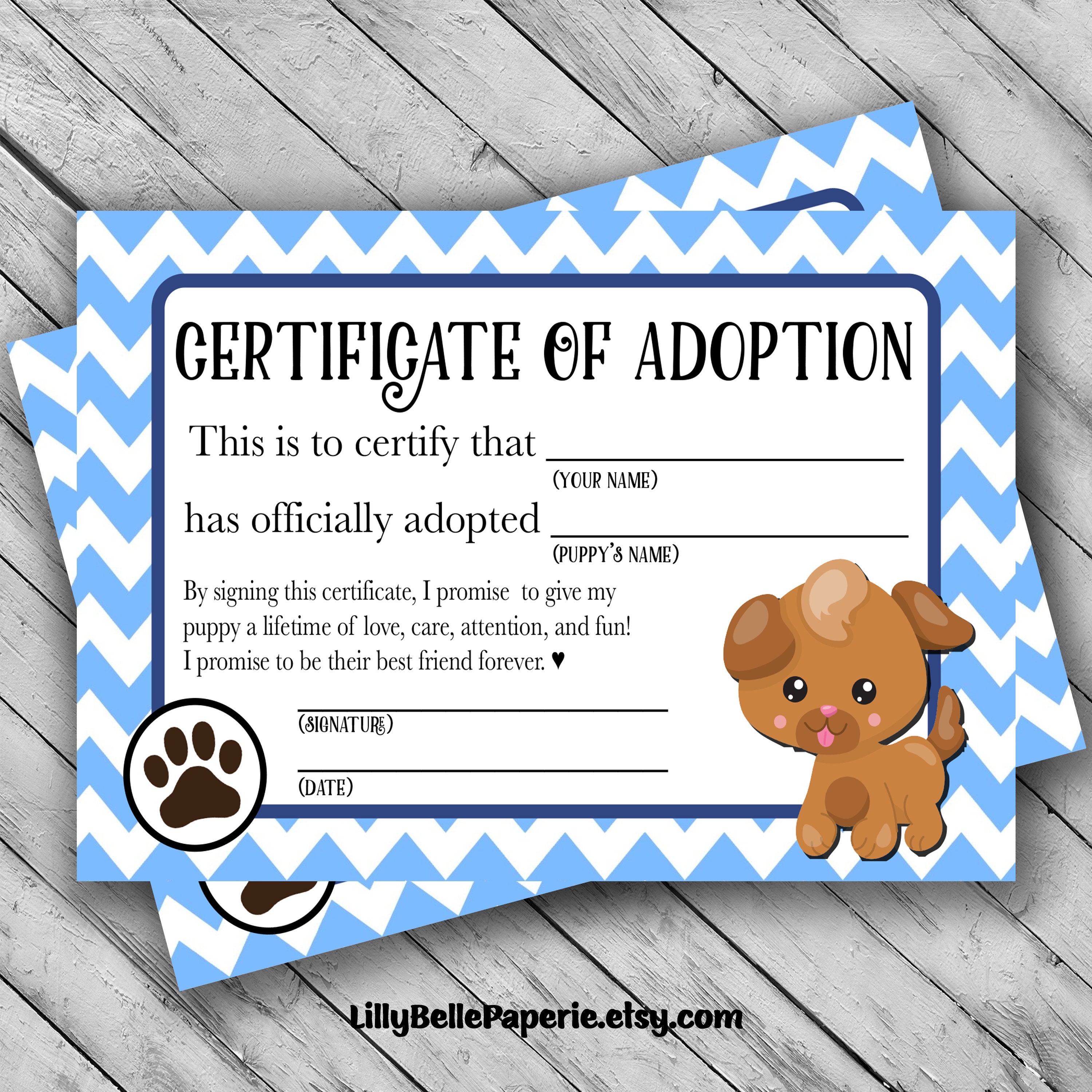 Printable Puppy Adoption Certificate - Certificate of Adoption Printout -  Pet Adoption Certificate - Boys Puppy Birthday Party Favor Tags Throughout Toy Adoption Certificate Template