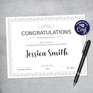 Editable Certificate of Completion Template - Instant Download Printable Certificate - Personalized Certificate for Graduation Diploma