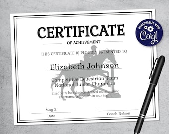 Editable Jumping Horse Certificate - Printable English Equestrian Gift - Personalized Horse Competition Award Certificate - Horse Club Award