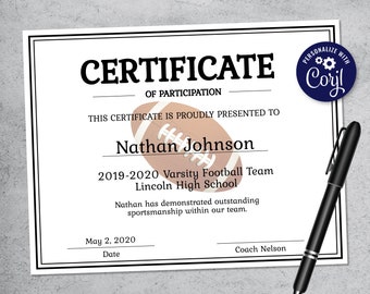 Editable Football Certificate Template - Printable Certificate Template - Youth Football Certificate Template Personalized Certificate
