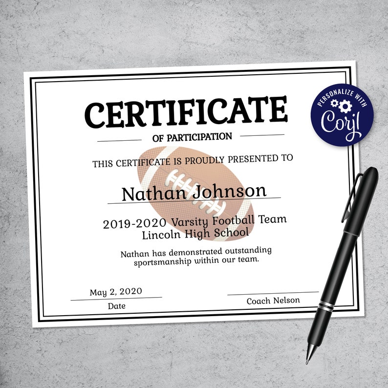 Editable Football Certificate Template Printable Certificate Template Youth Football Certificate Template Personalized Certificate image 1