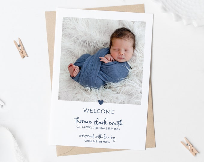 Printed Newborn Announcement Card - Personalized Baby Boy Birth Announcement - Custom Photo Gender Neutral Baby Card - Minimalist Birth Card
