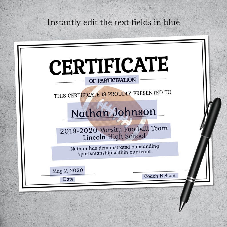 Editable Football Certificate Template Printable Certificate Template Youth Football Certificate Template Personalized Certificate image 2