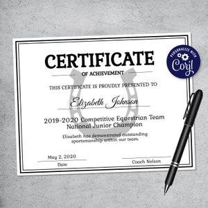 Editable Equestrian Certificate Template - Printable Horse Certificate Template - Equine Certificate Template - Personalized Certificate