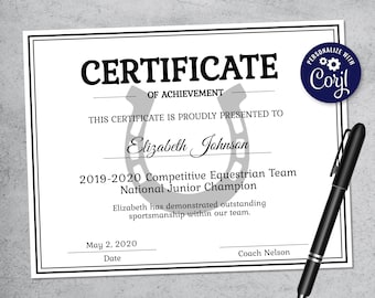 Editable Equestrian Certificate Template - Printable Horse Certificate Template - Equine Certificate Template - Personalized Certificate
