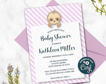 Editable Sloth Baby Shower Invitation Template ~ Printable Sloth Baby Shower Invite ~ Animal Baby Shower, Printable Girls Baby Shower Invite