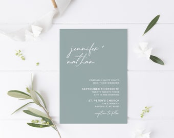 Printed Modern Sage Green Wedding Invitations, Calligraphy Font Wedding Invite Design, Minimalist Wedding Invitation for Outdoor Ceremony