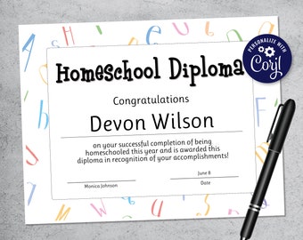Printable Homeschool Award Certificate - Editable Certificate for Homeschooled Children - Kids Certificates for School Diplomas