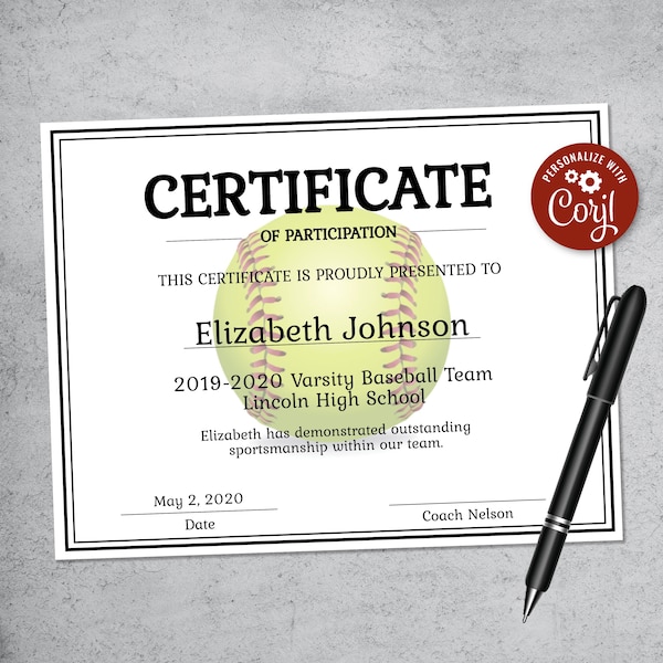 Editable Softball Certificate Template - Printable Certificate Template - Softball Certificate Template Personalized Diploma Certificate