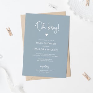 Printed Oh Boy Baby Shower Invites | Modern Blue Baby Shower Invitations | Physical Invitation for Baby Shower Party | DIY Baby Shower Cards