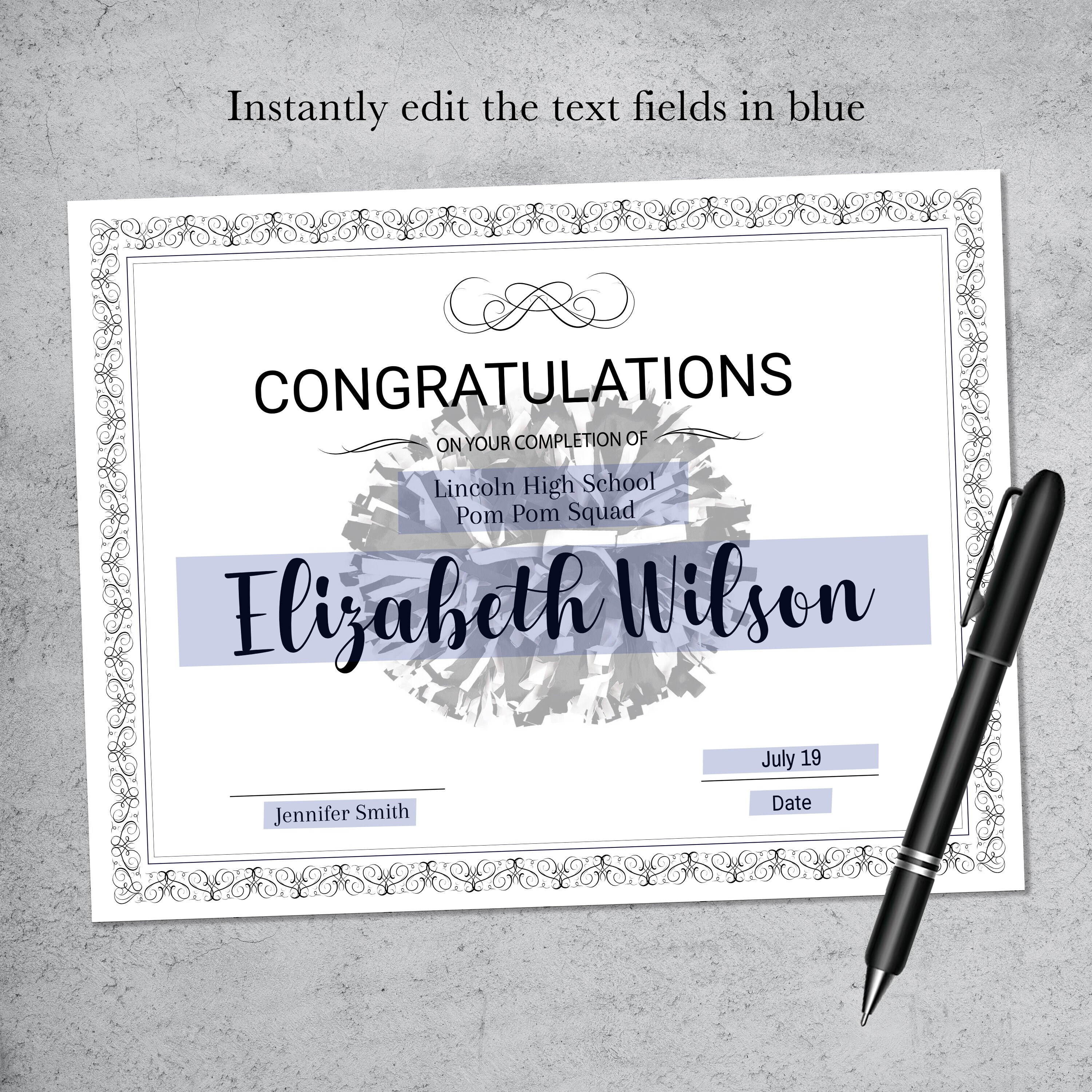 Editable Pom Pom Certificate Template Printable Cheer - Etsy