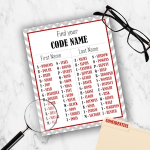 Printable Code Name Chart -  Spy Birthday Party Game -  Secret Agent Party Game - James Bond Party Ideas - Printable Spy Game