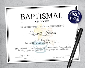 Plantilla de certificado de bautismo editable - Plantilla de certificado imprimible - Plantilla de certificado de bautismo para iglesia - Certificado personalizado